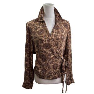 Michael Kors 100% Silk Long Sleeve Paisley Wrap Top Size 16 Brown